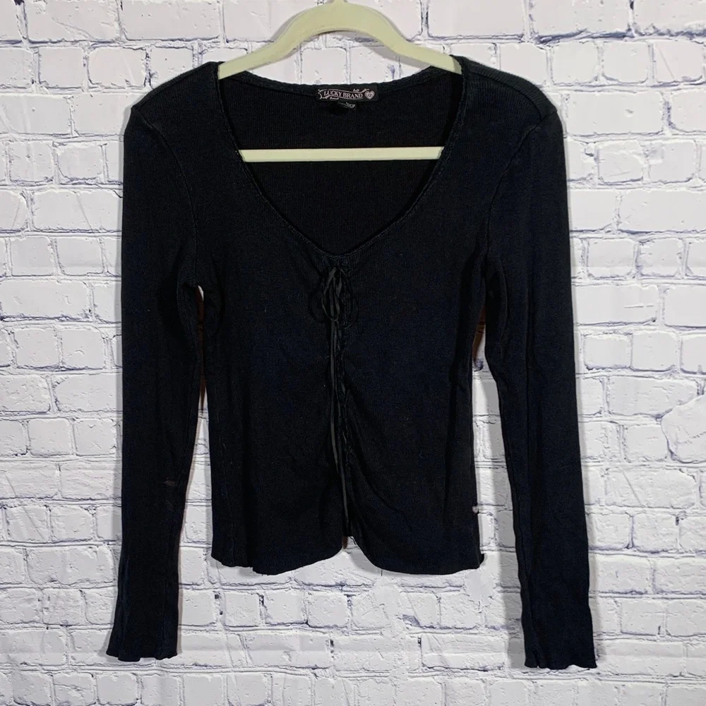 Lucky Brand Womens Y2K Ribbed Long Sleeve Top Black Cinch Tie Front Sz L Fitted - Picture 1 of 6